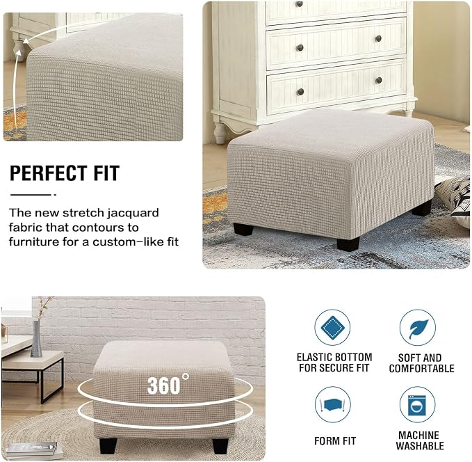 H.VERSAILTEX Square Ottoman Covers Ottoman Slipcovers Folding Storage Stool Furniture Protector Form Fit with Elastic Bottom, Stretch High Spandex Small Checks Jacquard Fabric(Medium,Island Fossi)