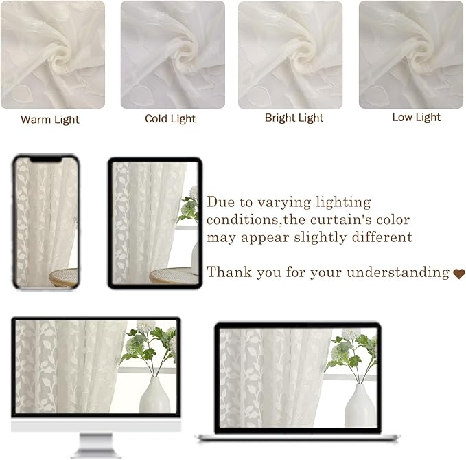 Chyhomenyc Ivory Sheer Curtains 30 Inch Length, Light Filtering Leaf Tufted - Image 3