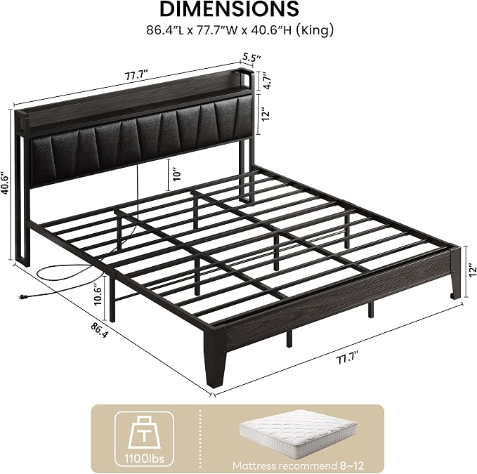 LIKIMIO King Bed Frame, PU Leather Storage Headboard with Charging Station, Solid and Stable, Noise Free, No Box Spring Needed, Easy Assembly, Black