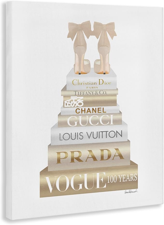 Cream Bow Heels Glam Bookstack, 36 x 48 Inch Canvas Wall Art | Stupell Industries · By Amanda Greenwood · Ready to hang · Chic gift for fashion lovers · Made in USA