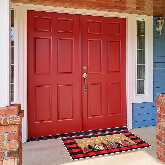 Fourluoo 2 Piece Christmas Door Mat Combo Set Outdoor Christmas Rugs 28 x 40 Inch Red White and Black Plaid Welcome Mat Non Slip Xmas Tree Layering Front Door Rug for Indoor Outdoor Entrance Porch