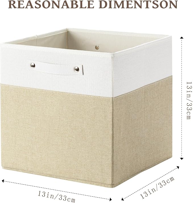 FinishingBo 13x13x13 Storage Cube Bins 6 Pack, Cube Shelf Baskets | Foldable Storage Cubes, Linen Storage Bins with Handles, Closet Organizers, White/Khaki