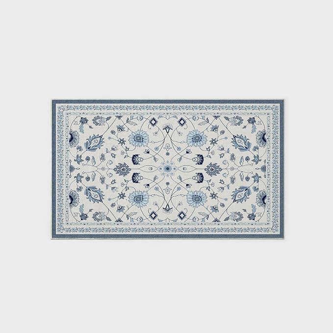 EVERGRACE Area Rugs for Living Room 3x5, Boho Floral Faux Wool Indoor Outdoor Rugs, Washable Rugs for Bedroom Entryway Dining Room Hallyway, Low Pile Floor Mat Carpet for Home Decor, Porcelain Blue