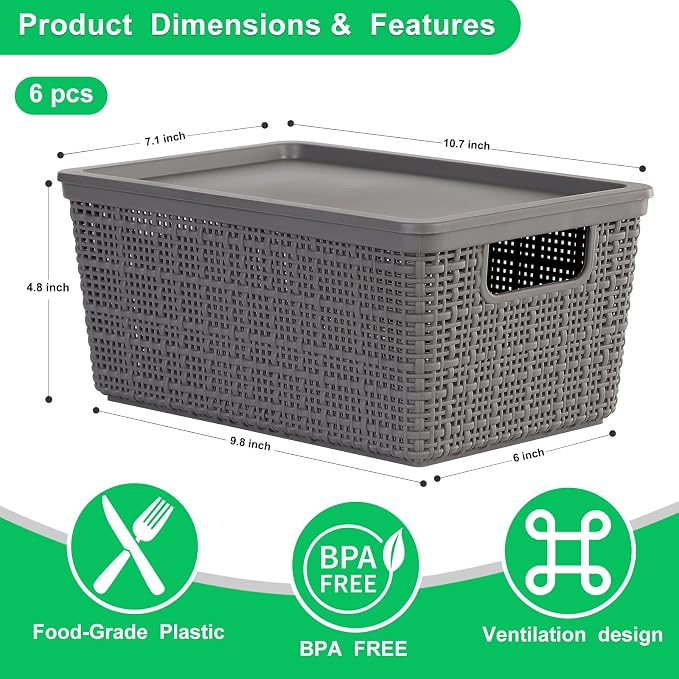 6 Pack Plastic Storage Baskets with Lid,Grey Stackable Bins | Durable Woven Plastic With handle Breathable,Save space,For Organizing Desktops, Closets, Playrooms, Classrooms, Offices