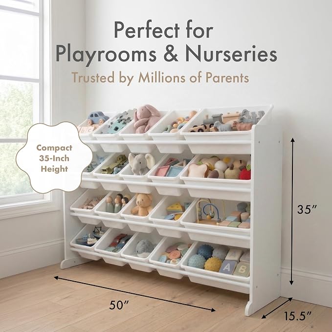 Humble Crew Kids Toy Organizer with 20 Bins, 4 Tier Storage for Playroom | Sturdy wood and steel toddler shelf, removable BPA-free containers, wall anchor anti-tip safety kit for bedroom or classroom