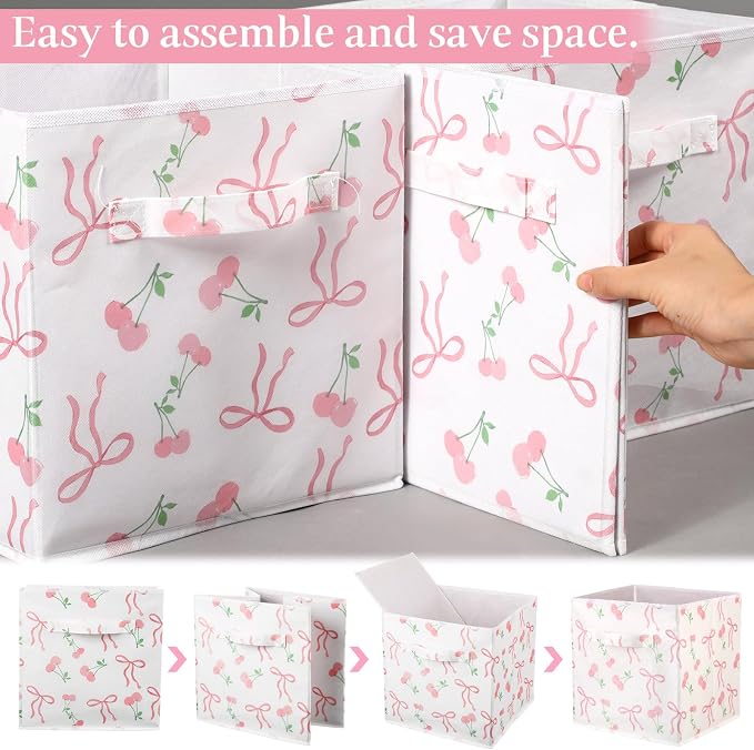 Geelin 6 Pcs Pink Bow Cherry Cube Storage Bins 11 Inch Storage Basket with Handle, Preppy Girls Organizer Basket, Collapsible Fabric Box for Classroom Bedrooms Office Home Decoration Gift