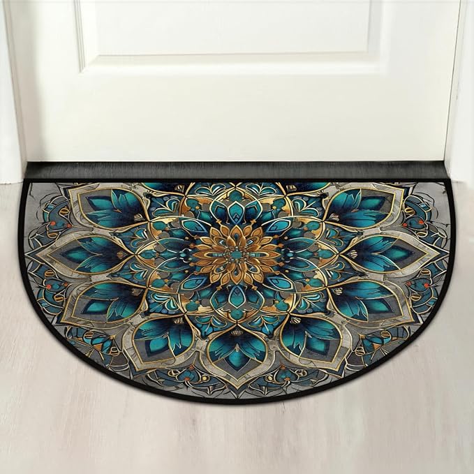 Mandala Green Half Round Door Mat Semi Moon Rug Fireplace Carpet Area Rugs | Mandala Turquoise Non Slip Absorbent Half Circle Mat Carpet for Indoor Outdoor Patio Kitchen Bathroom Entryway Home Decor