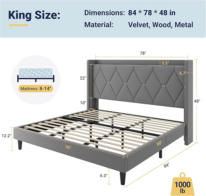 Allewie King Size Bed Frame with Storage Headboard & Charging Station | Diamond Tufted Design & Gold Trim, Velvet Upholstered Platform Bed, No Box Spring Needed, Easy Assembly, Noise-Free, Grey
