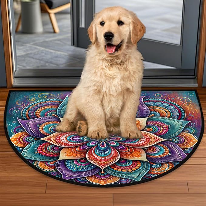 Lotu Half Round Door Mat Semi Moon Rug Fireplace Carpet Area Rugs | Abstract Mandala Non Slip Absorbent Half Circle Mat Carpet for Indoor Outdoor Patio Kitchen Bathroom Entryway Home Decor