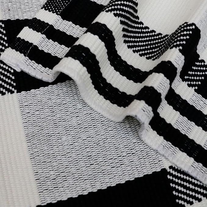 Fall Décor Plaid Rug, 2'4" x 3'7" Black&White Check Indoor/Outdoor Area Rug, Layering Rug for Hello/Welcome Doormat, Machine Washable Cotton Woven Rugs for Farmhouse Front Porch,Entryway