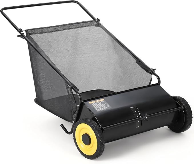26-Inch Extra-Wide Push Lawn Sweeper with 4-Brush System,7 Cu.ft. Heavy-Duty Mesh Bag Collector, Height-Adjustable Manual Push Sweeper for Leaves, Grass Clippings & Yard Debris, Durable Steel Frame