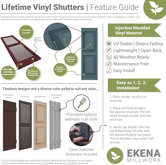 12"W x 80"H Lifetime Vinyl, Standard Cathedral Top Center Mullion, Open Louver Shutters, w/Installation Shutter-Lok's & Matching Screws (Per Pair), Clay