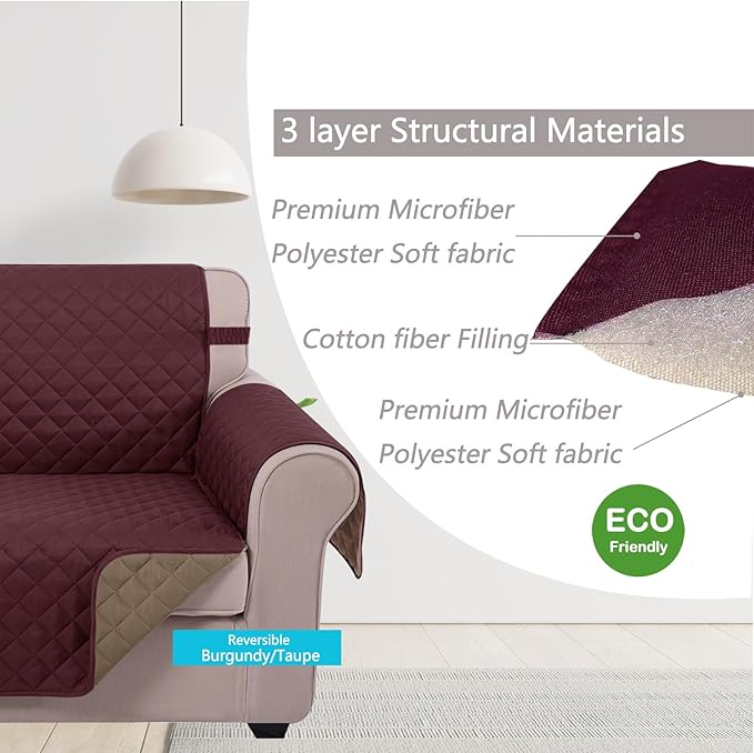 U-NICE HOME Large Sofa Cover Reversible Couch Cover for Dogs with Elastic Straps Water Resistant Furniture Protector for Pets Couch Cover for 4 Cushion Couch (Oversized Sofa, Burgundy/Tan)
