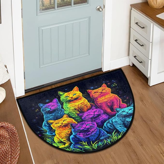 Rainbow Cat Half Round Door Mat Non-Slip Semi Circle Rug Half Moon Doormat | Cute Rainbow Cat Soft Washable Welcome Entrance Mat for Outdoor Indoor Floor Bedroom Bathroom Home Kitchen Festival Decor