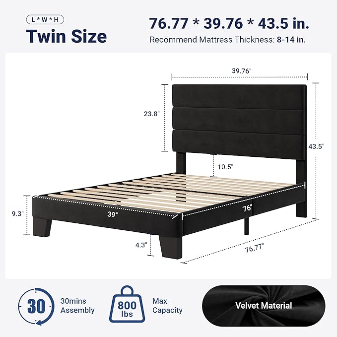 Allewie Twin Size Platform Bed Frame with Velvet Upholstered Headboard | Wooden Slats Support, Fully Upholstered Mattress Foundation, No Box Spring Needed, Easy Assembly, Noise-Free, Black