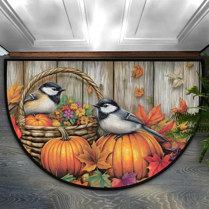 Pumpkin Bird Wood Maple Leaf Half Round Door Mat Non-Slip Soft Doormats for Home Indoor Outdoor Entrance Bath Carpet Area Rugs for Home Dining Living Room Bedroom 36" X 24"