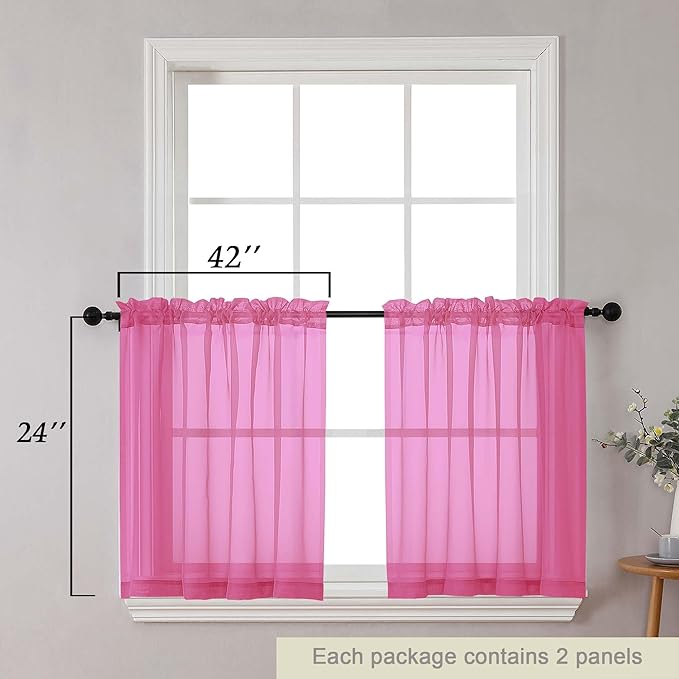 Kitchen Curtains 24 Inch Length Tier 2 Pieces, Hot Pink Sheer Curtain Solid - Image 2