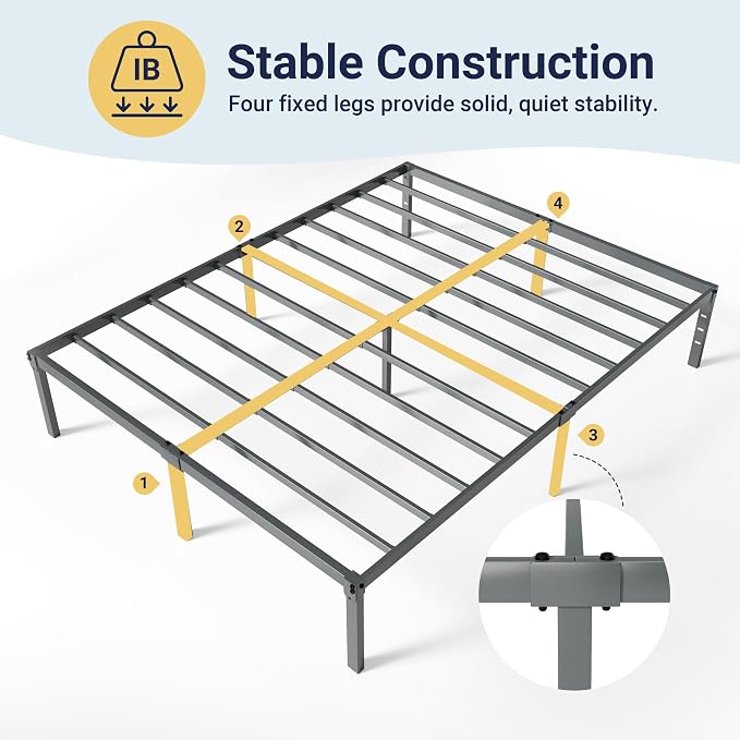 Allewie Full Size Bed Frame, 14 inch Metal Beds with Storage Space, Grey | Heavy-Duty Metal Platform Beds, Large Under-Bed Storage Space, No Box Spring Needed, Easy Assembly