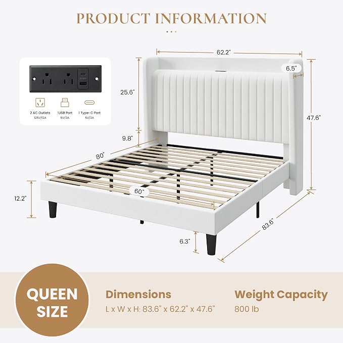 SHA CERLIN Queen Size Velvet Bed Frame with Shelf, Charging Station, White | Wingback Storage Headboard, Upholstered Platform Bed, Wooden Slats Support, No Box Spring Needed, Easy Assembly, Noise Free