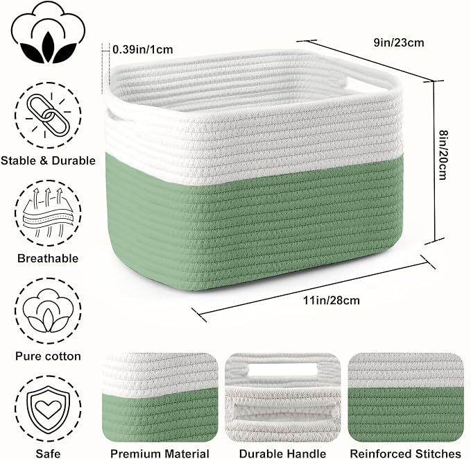 4 Pack Storage Baskets for Organizing, 11''Lx9''Wx8''H Woven Baskets for Storage Toys, Towels, Books, and Clothes, Cotton Rope Basket for Shelves with Handle