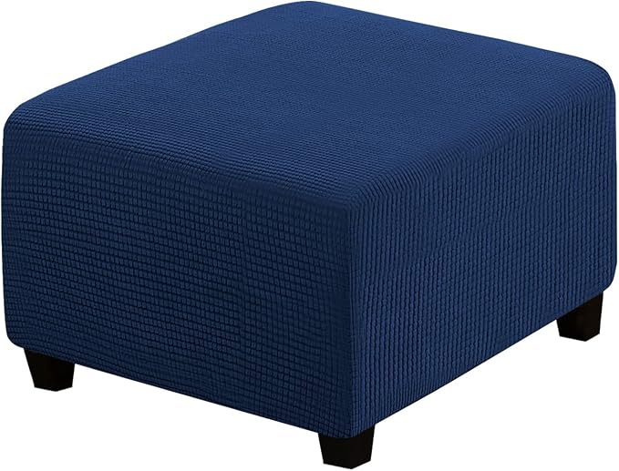 H.VERSAILTEX Square Ottoman Covers Ottoman Slipcovers Folding Storage Stool Furniture Protector Form Fit with Elastic Bottom, Stretch High Spandex Small Checks Jacquard Fabric(Medium,Navy)