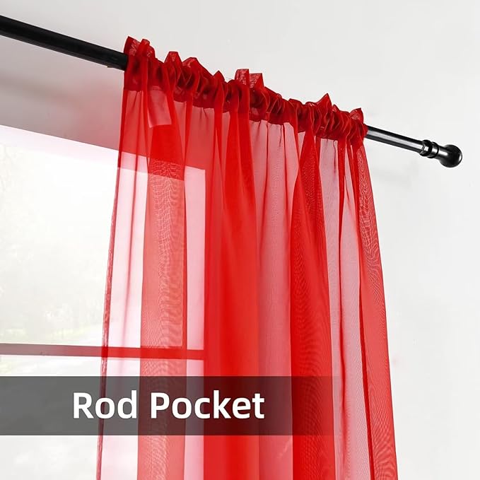 youleyar Solid Sheer Rod Pocket Curtain Voile Draperies 2 Panels White Beige Black Grey Coffee 52 Inch Width 45 Inch Long 1 Pair for Kitchen Bedroom Children Living Room Yard (Red,52Wｘ45L)