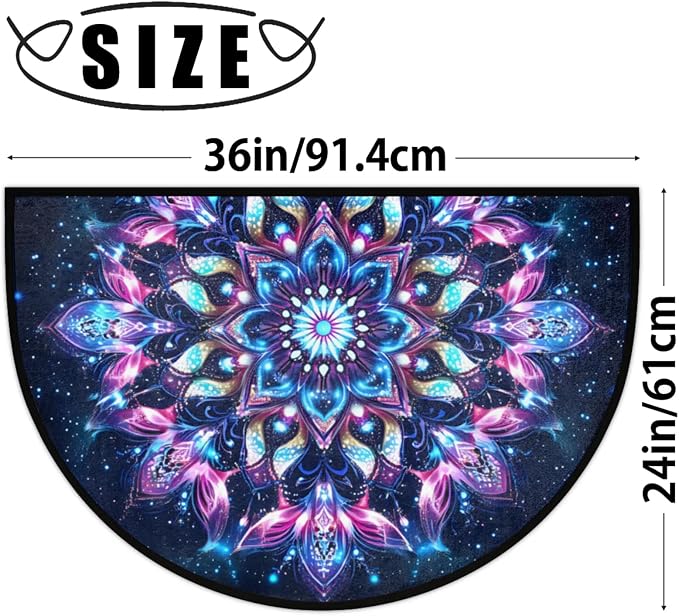 Half Round Doormat Flowers Ethnic Mandala Purple Non Slip Half Circle Area Rugs Indoor Washable Half Moon Rug Semi Circle Bathroom Runner Mat Entrance Floor Carpet for Kithen Bedroom Fireplace Decor