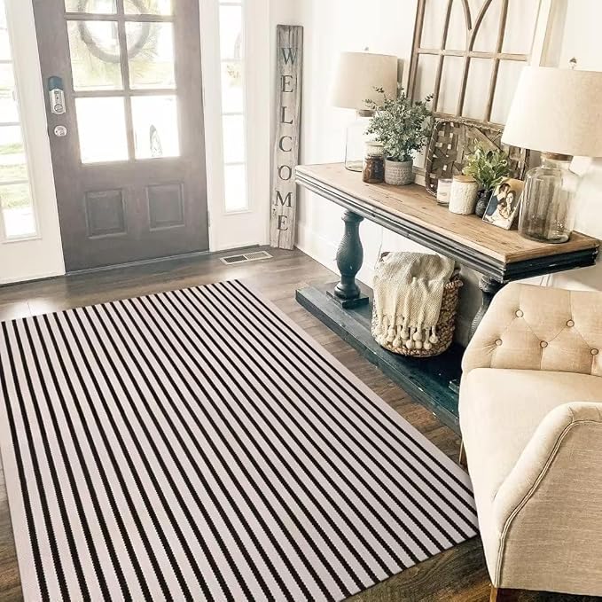 LEEVAN Black and White Striped Patio Outdoor Rug 5x8, Washable Living Room Bedroom Area Rug, Soft Cotton Blend Sturdy Carpet for Kitchen, Dining Room, Playroom, Mudroom, Sunroom
