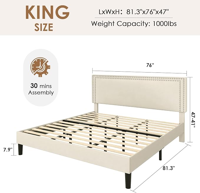 VECELO King Bed Frame with Rivet-Tufted Headboard & Footboard, Upholstered Platform Bed with Wood Slats Support, No Box Spring Needed, Noise-Free, Easy Assembly, Beige