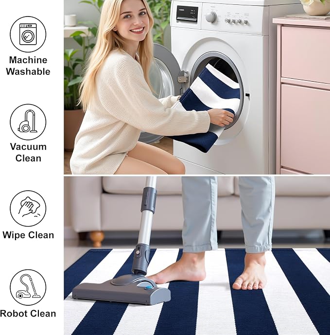 OLANLY Navy and White Striped Rug 2' x 4'3" (24" x 51") – Washable Cotton Indoor Outdoor Doormat for Front Door, Entryway, Kitchen, Porch, Patio Decor