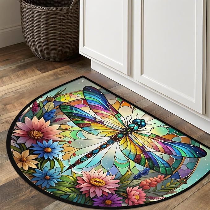 Dragonfly Half Round Doormat Semi Circle Rug Half Moon Rug Entryway Mat | Dragonfly Spring Washable Non Slip Outdoor Floor Rug Kitchen Mat for Indoor Outdoor Bathroom Fireplace Bath Decor
