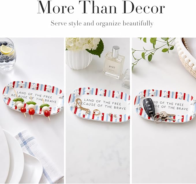 Mud Pie Red Ceramic Stripe American Sentiment Tray, America 250 Merchandise