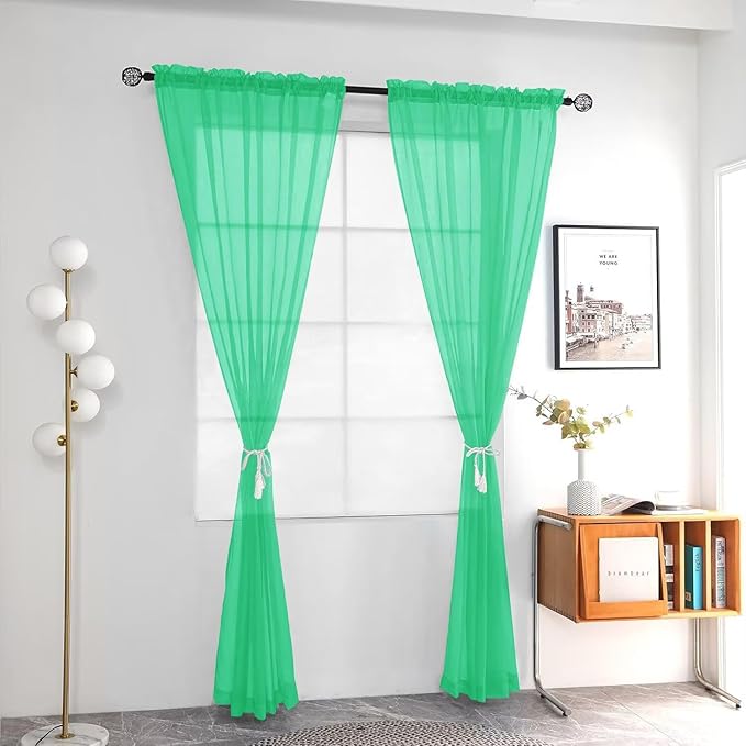 youleyar Solid Sheer Rod Pocket Curtain Voile Draperies 2 Panels White Beige Black Grey Ivory 52 Inch Width 108 Inch Long 1 Pair for Kitchen Bedroom Children Living Room Yard (Grass Green,52Wｘ108L)