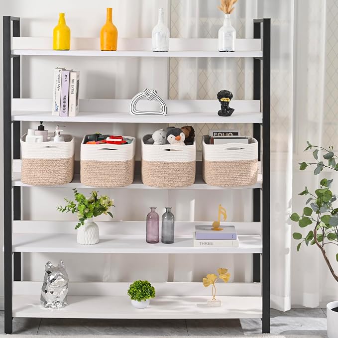 ICERZCZ Woven Cotton Rope Storage Baskets for Organizing & Shelves, Organization Bins for Dog Toys, Clothes, Books, Nursery Organizer, 15"x11"x9", Off White & Mixed Brown (4 Packs)