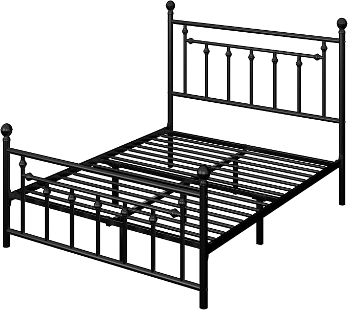 Allewie 14'' Queen Size Metal Platform Bed Frame, Vintage Headboard, Black | 50'' Tall Victorian Headboard/Footboard/Mattress Foundation/Under Bed Storage/No Box Spring Needed/Easy Assembly/Noise Free