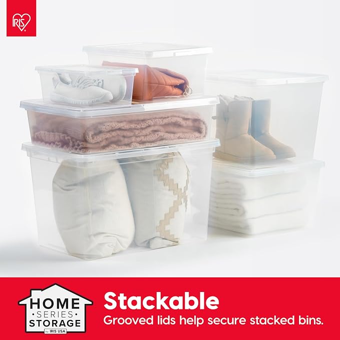 IRIS USA 12-Pack 7 Qt Storage Bins with Lids, Clear, Stackable | Ideal for shoes, crafts, office supplies and pantry items, nestable design, transparent design makes contents easy to find