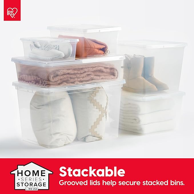 IRIS USA 6-Pack 58 Qt Storage Bins with Lids, Clear, Stackable | Perfect for moving, blankets, clothing and garage storage, nestable design, transparent design makes contents easy to find