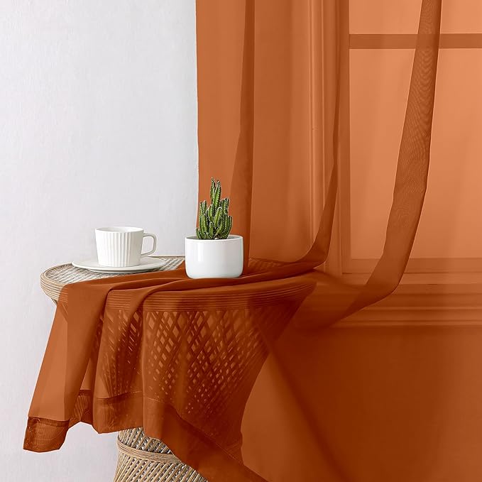 Lecloud Orange Sheer Curtains 54 Inch Length 2 Panels, Voile Light Filtering Curtains for Bedroom with Rod Pocket, Breathable Gauzy Drapes for Basement Bathroom, Each Panel 42 X 54 Inch