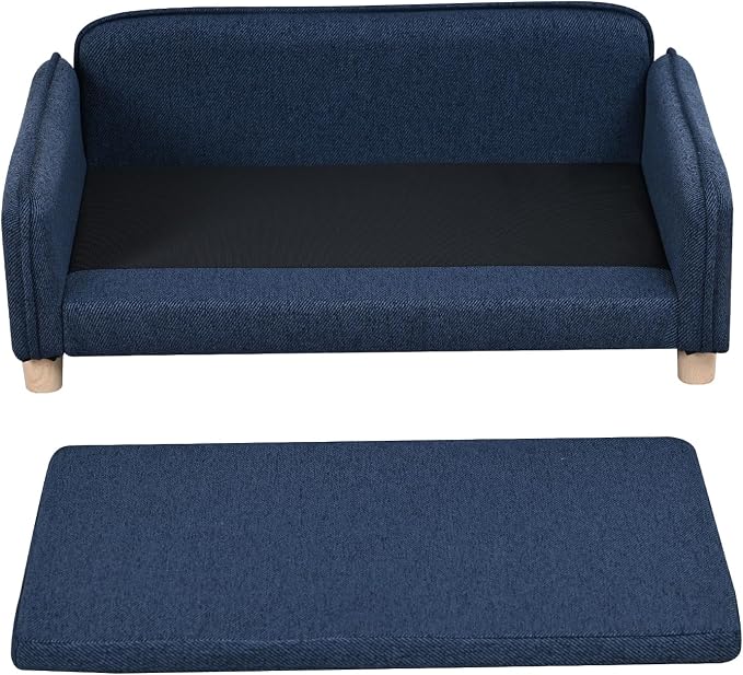Big Sized Dog Bed -Wooden Frame Pet Sofa Couch, Washable Cushion Cat Couch, Linen Fabric Dog Sofa and Chair for Medium Pet Rest. (Blue)