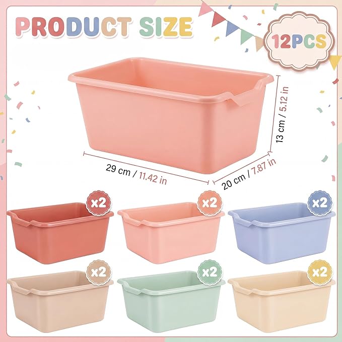 Novabright 12 Pcs Plastic Book Bins for Classroom, Back to School Supplies Library Cubby Bins Scoop Front Stackable Toy Storage Tubs Colorful Containers for Office Home Nursery Playroom Organization