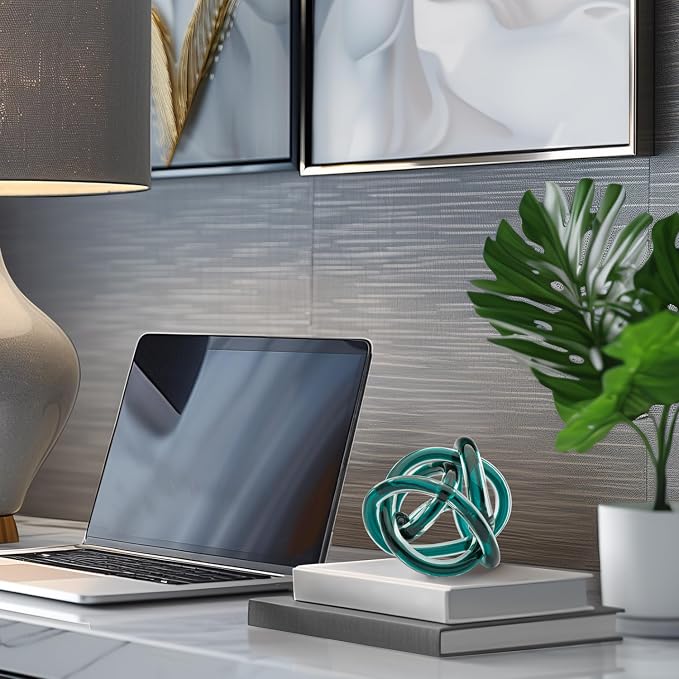 Torre & Tagus Orbit Hand Blown Glass Infinity Knot Sculpture - 4.5 Inch Glass Art Teal Knot Decor Ball for Home Decor, Small Centerpiece Table Decoration for Home Interior (Clear Teal)