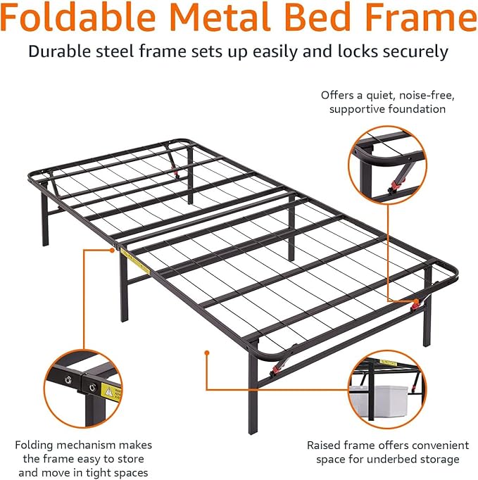 Amazon Basics Foldable Metal Platform Bed Frame with Storage, Sturdy Steel Support, No Box Spring Needed, 14-inch High, Tool-Free Setup, Twin Size, Black