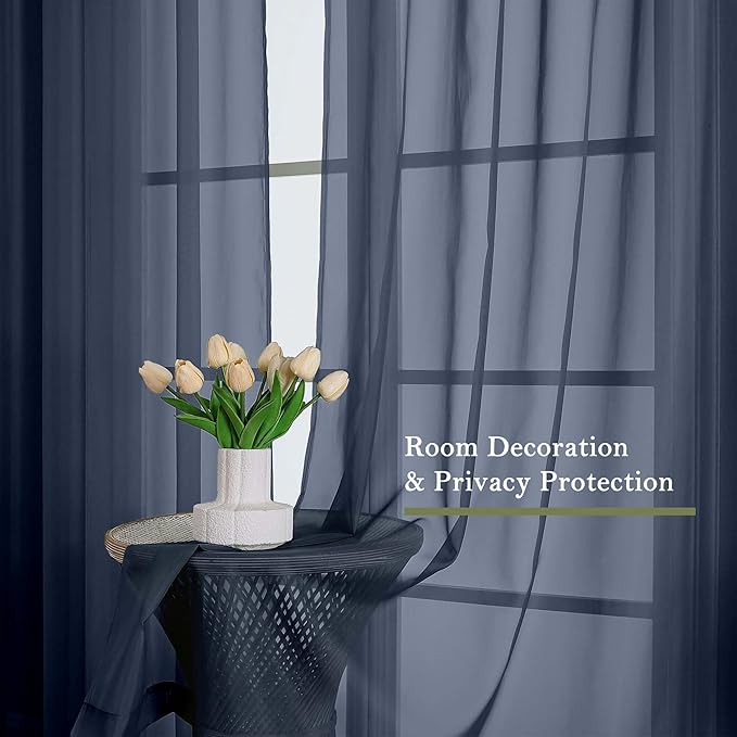 Lecloud Navy Blue Sheer Curtains 108 Inches Long 2 Pcs, Rustic Farmhouse Dual Rod Pocket Window Curtains for Living Room, Bedroom Decor Light Filtering Soft Airy Drapes, Each Panel 59" W x 108" L