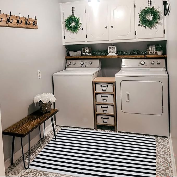 Black and White Striped Outdoor Rug Halloween Door Mat 27.5" x 43" Front Porch Rug Farmhouse Fall Layered Door Welcome Mat for Entryway/Home Entrance/Laundry Room
