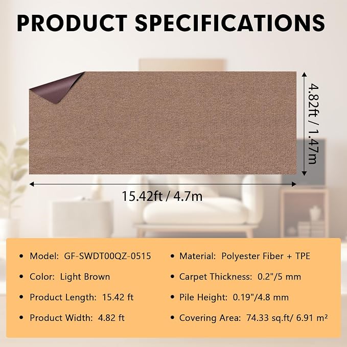 Grefinity Marine Carpet,5 FT x 15 FT Light Brown Indoor Outdoor Carpet 0.2" Thick Boat Rug with Water-Proof TPE Backing for Home, Patio, Porch, Deck