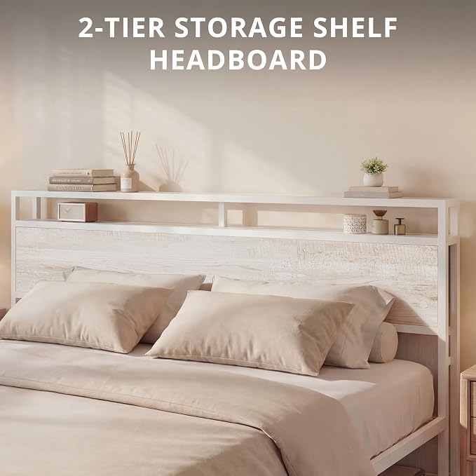 LIKIMIO King Size Bed Frame with 2-Tier Storage Shelf Headboard | Wood Platform Bed, Camas King with Strong Metal Supports, Sturdy, Noise-Free, No Box Spring Needed, White Maple