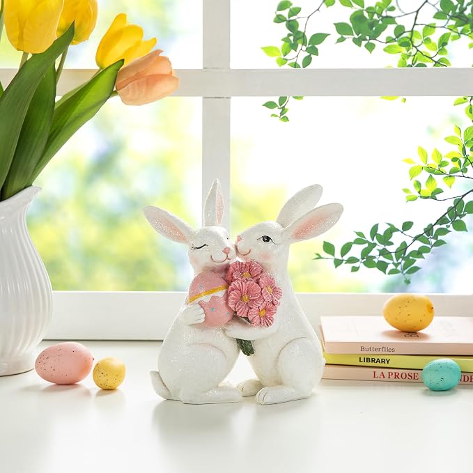 Glitzhome Resin Easter Bunny Figurines Table Decors for Spring Easter Party Supplies Props, 7''H