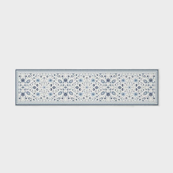 EVERGRACE Hallyway Area Runner Rugs 2x8, Boho Floral Faux Wool Indoor Outdoor Rugs, Washable Rugs for Bedroom Dining Room Living Room Kitchen, Low Pile Floor Mat Carpet for Home Decor, Porcelain Blue