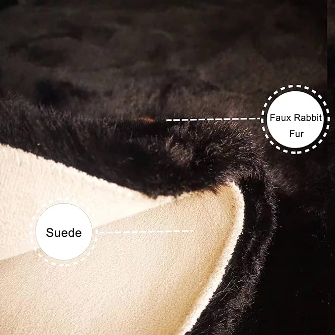 Ghouse Faux Rabbit Fur Round Rug 4ft Black Round Rugs for Bedroom Decor Fluffy Area Rugs for Living Room, no-Shedding Carpet Sheepskin Washable Rug Rome Decor