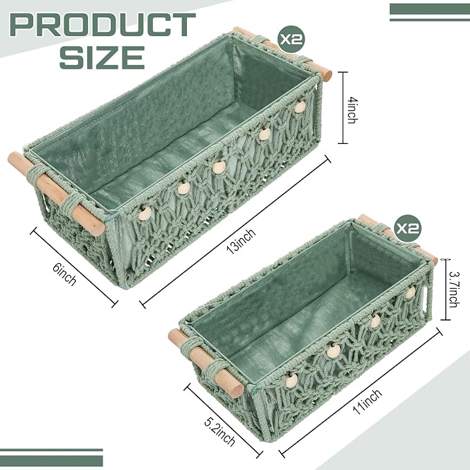 Vesici 4 Pcs Sage Green Macrame Storage Basket for Shelves 13" 11" Boho Storage Basket Hand Woven Boxes with Wood Handles Beads Decorative Countertop Toilet Cabinet Organizer for Home Decor